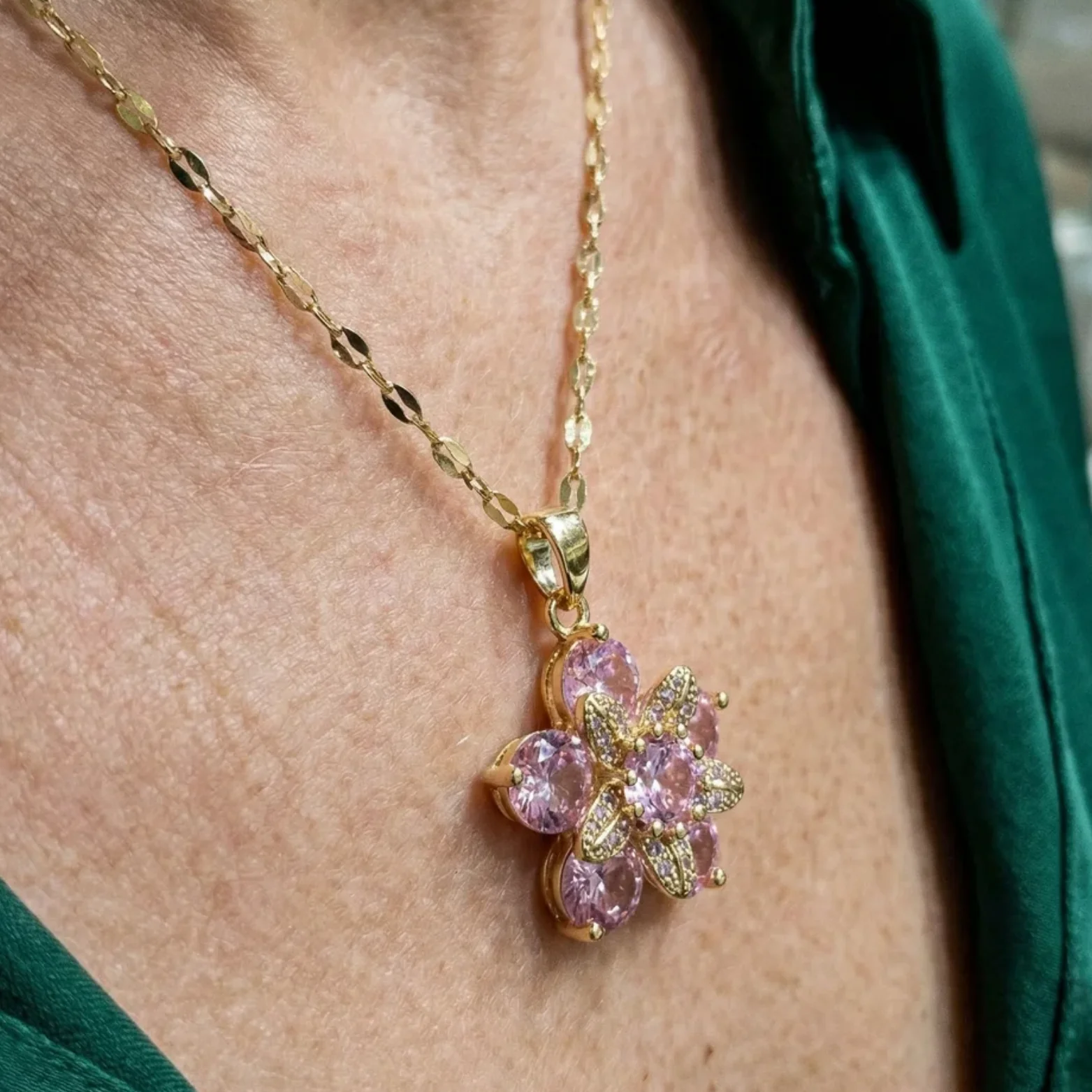 Amorea Pink Flower Necklace | Gold - Image 2