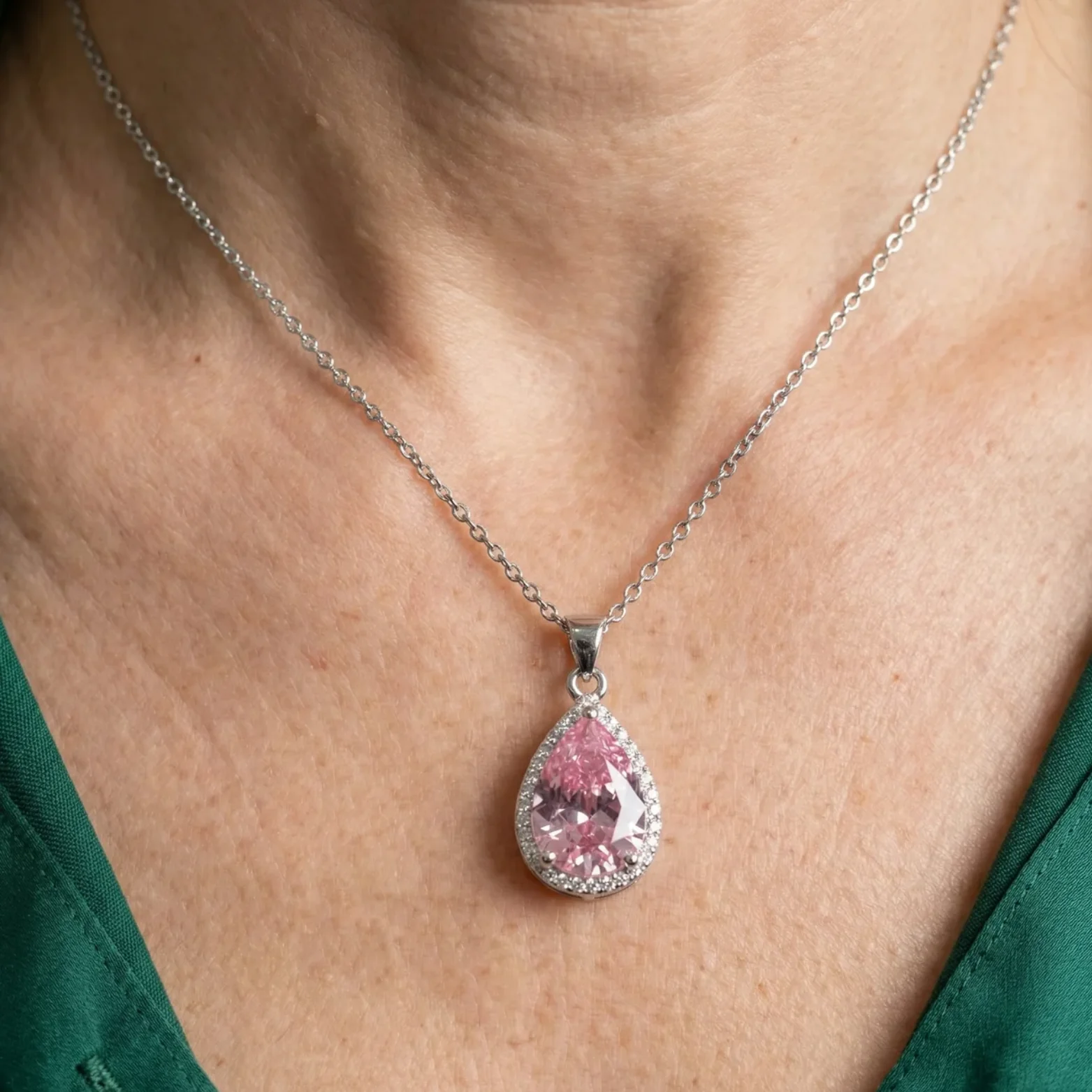Pink Teardrop Necklace | White Gold - Image 2